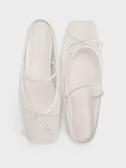 Mesh Bow Square-Toe Ballet Mules