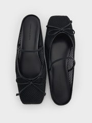 Mesh Bow Square-Toe Ballet Mules