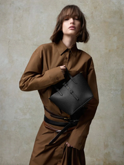 Beryl Recycled Leather Double-Handle Belted Bucket Bag