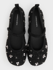 Tweed Flower-Embellished Mary Janes