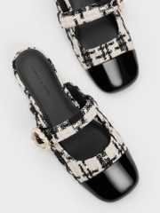 Tweed Pearl Buckle Mary Jane Mules