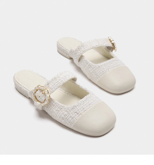 Tweed Pearl Buckle Mary Jane Mules