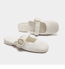 Tweed Pearl Buckle Mary Jane Mules