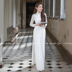 Áo Dài Màu Trắng Học Sinh Truyền Thống 4 Tà Chiffon Tay Dài Ôm Eo, Tôn Vóc Dáng Thanh Lịch Cuốn Hút