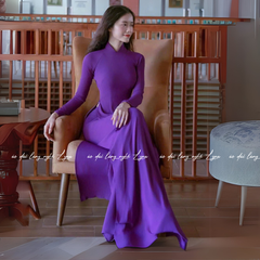 Áo Dài Màu Tím Huế Truyền Thống 4 Tà Chiffon Tay Dài Ôm Eo, Tôn Vóc Dáng Thanh Lịch Cuốn Hút