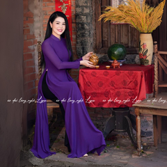 Áo Dài Màu Tím Huế Truyền Thống 4 Tà Chiffon Tay Dài Ôm Eo, Tôn Vóc Dáng Thanh Lịch Cuốn Hút