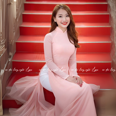 Áo Dài Màu Hồng Dâu Truyền Thống 4 Tà Chiffon Tay Dài Ôm Eo, Tôn Vóc Dáng Thanh Lịch Cuốn Hút