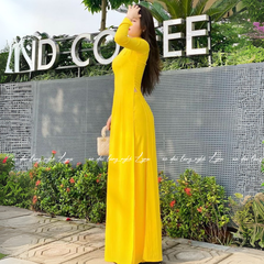 Áo Dài Màu Vàng Cúc Truyền Thống 4 Tà Chiffon Tay Dài Ôm Eo, Tôn Vóc Dáng Thanh Lịch Cuốn Hút