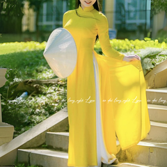 Áo Dài Màu Vàng Cúc Truyền Thống 4 Tà Chiffon Tay Dài Ôm Eo, Tôn Vóc Dáng Thanh Lịch Cuốn Hút