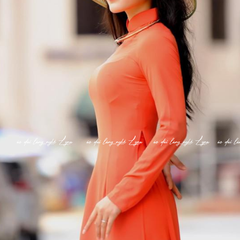 Áo Dài Đỏ Cam Truyền Thống 4 Tà Chiffon Tay Dài Ôm Eo, Tôn Vóc Dáng Thanh Lịch Cuốn Hút