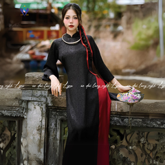Áo Dài Gấm Đen Tuyền Nguyệt Dạ Dáng Suông Sang Trọng Quý Phái