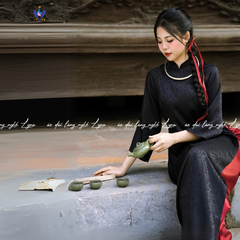 Áo Dài Gấm Đen Tuyền Nguyệt Dạ Dáng Suông Sang Trọng Quý Phái