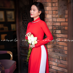 Áo Dài Màu Đỏ Truyền Thống 4 Tà Chiffon Tay Dài Ôm Eo, Tôn Vóc Dáng Thanh Lịch Cuốn Hút