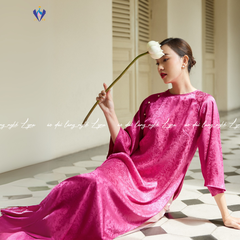 Áo Dài Gâm Suông Hồng Sen Cát Tường Thiết Kế Cổ Tròn Sang Chảnh, Quý Phái