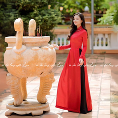 Áo Dài Màu Đỏ Truyền Thống 4 Tà Chiffon Tay Dài Ôm Eo, Tôn Vóc Dáng Thanh Lịch Cuốn Hút