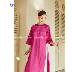 Áo Dài Gâm Suông Hồng Sen Cát Tường Thiết Kế Cổ Tròn Sang Chảnh, Quý Phái