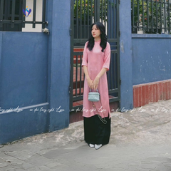 Áo Dài Xưa Màu Hồng Phấn, Áo Dài Dáng Suông Vải Lụa Mềm Mịn Cổ 2,5 Phân Tay Lỡ Phong Cách Cổ Điển Và Hiện Đại | Áo dài Lyna
