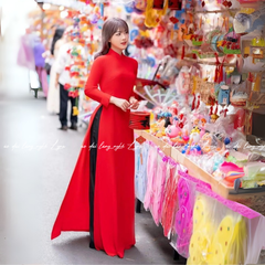 Áo Dài Màu Đỏ Truyền Thống 4 Tà Chiffon Tay Dài Ôm Eo, Tôn Vóc Dáng Thanh Lịch Cuốn Hút