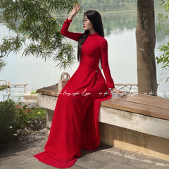 Áo Dài Màu Đỏ Truyền Thống 4 Tà Chiffon Tay Dài Ôm Eo, Tôn Vóc Dáng Thanh Lịch Cuốn Hút