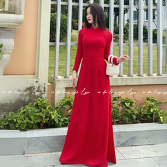 Áo Dài Màu Đỏ Truyền Thống 4 Tà Chiffon Tay Dài Ôm Eo, Tôn Vóc Dáng Thanh Lịch Cuốn Hút