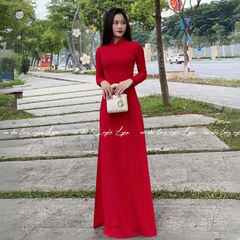 Áo Dài Màu Đỏ Truyền Thống 4 Tà Chiffon Tay Dài Ôm Eo, Tôn Vóc Dáng Thanh Lịch Cuốn Hút