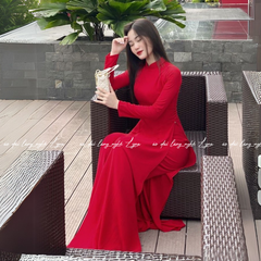 Áo Dài Màu Đỏ Truyền Thống 4 Tà Chiffon Tay Dài Ôm Eo, Tôn Vóc Dáng Thanh Lịch Cuốn Hút
