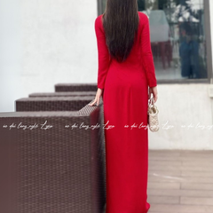 Áo Dài Màu Đỏ Truyền Thống 4 Tà Chiffon Tay Dài Ôm Eo, Tôn Vóc Dáng Thanh Lịch Cuốn Hút