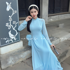 Áo Dài Màu Xanh Dương Truyền Thống 4 Tà Chiffon Tay Dài Ôm Eo, Tôn Vóc Dáng Thanh Lịch Cuốn Hút