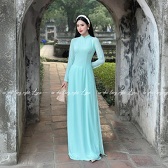 Áo Dài Màu Xanh Ngọc Truyền Thống 4 Tà Chiffon Tay Dài Ôm Eo, Tôn Vóc Dáng Thanh Lịch Cuốn Hút