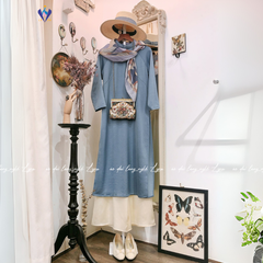Áo Dài Xưa Màu Xanh Dương, Áo Dài Dáng Suông Vải Lụa Mềm Mịn Cổ 2,5 Phân Tay Lỡ Phong Cách Cổ Điển Và Hiện Đại | Áo dài Lyna