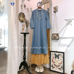 Áo Dài Xưa Màu Xanh Dương, Áo Dài Dáng Suông Vải Lụa Mềm Mịn Cổ 2,5 Phân Tay Lỡ Phong Cách Cổ Điển Và Hiện Đại | Áo dài Lyna