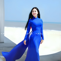 Áo Dài Màu Xanh Coban, Áo Dài Đoàn Truyền Thống 4 Tà Chiffon Tay Dài Ôm Eo, Tôn Vóc Dáng Thanh Lịch Cuốn Hút