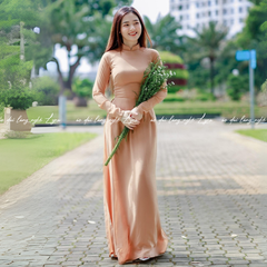 Áo Dài Màu Be Truyền Thống 4 Tà Chiffon Tay Dài Ôm Eo, Tôn Vóc Dáng Thanh Lịch Cuốn Hút