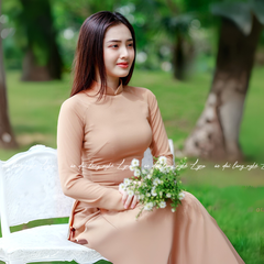 Áo Dài Màu Be Truyền Thống 4 Tà Chiffon Tay Dài Ôm Eo, Tôn Vóc Dáng Thanh Lịch Cuốn Hút