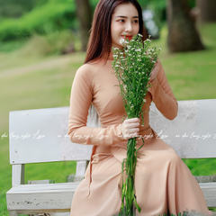 Áo Dài Màu Be Truyền Thống 4 Tà Chiffon Tay Dài Ôm Eo, Tôn Vóc Dáng Thanh Lịch Cuốn Hút
