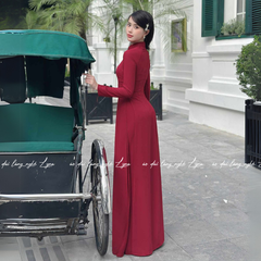 Áo Dài Màu Đỏ Đô Truyền Thống 4 Tà Chiffon Tay Dài Ôm Eo, Tôn Vóc Dáng Thanh Lịch Cuốn Hút