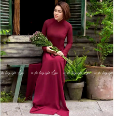 Áo Dài Màu Đỏ Đô Truyền Thống 4 Tà Chiffon Tay Dài Ôm Eo, Tôn Vóc Dáng Thanh Lịch Cuốn Hút