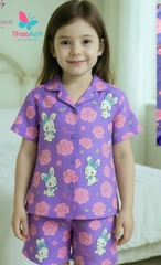 Bộ pijama bé gái vải lụa 3D mềm mại họa tiết thỏ bông cực dễ thương | Đồ ngủ trẻ em cao cấp, thoáng mát