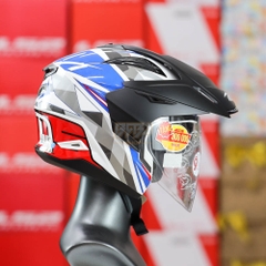 Mũ 3/4 2 Kính Zeus 613B Trắng Xanh Đỏ Kèm Mái Che