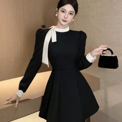 Đầm váy xòe chân váy ngắn vải goothun họa tiết nơ ngực có lớp lót | P&Q vd45