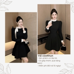 Đầm váy xòe chân váy ngắn vải goothun họa tiết nơ ngực có lớp lót | P&Q vd45
