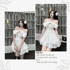 Đầm váy xòe chân váy mini nơ ngực trễ vai hai lớp có bigsize | vd10