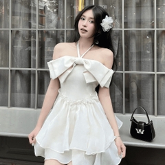 Đầm váy xòe chân váy mini nơ ngực trễ vai hai lớp có bigsize | vd10