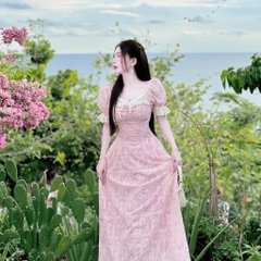 Đầm váy xòe maxi tay bồng hai lớp vải hoa thêu đục lỗ có bigsize | vd35
