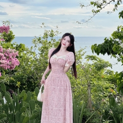 Đầm váy xòe maxi tay bồng hai lớp vải hoa thêu đục lỗ có bigsize | vd35