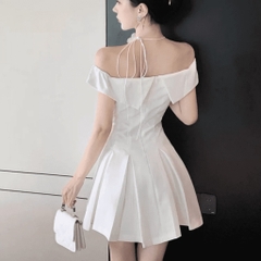 Đầm váy xòe chân váy mini xếp ly trễ vai vải goothun có bigsize | vd39