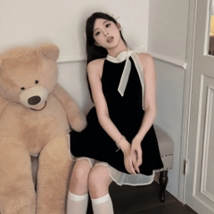 Đầm váy xòe chân váy mini vải goothun hai lớp cổ yếm nơ có bigsize | vd37