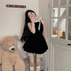 Đầm váy xòe chân váy mini vải goothun hai lớp cổ yếm nơ có bigsize | vd37