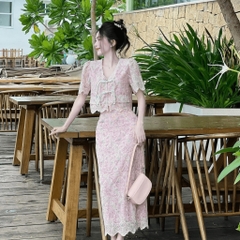 Set áo kèm váy maxi vải xô thêu đục lỗ hai lớp dự tiệc sang chảnh | set12