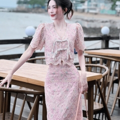 Set áo kèm váy maxi vải xô thêu đục lỗ hai lớp dự tiệc sang chảnh | set12